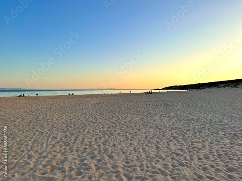 sunset at the beach of Valdevaqueros, Playa Valdevaqueros, near Tarifa at the Costa de la Luz, Atlantic Ocean, Cadiz, Andalusia, Spain