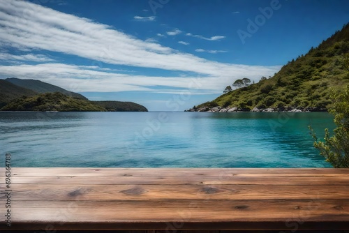 Wooden Table by the Sea, Island, and Blue Sky © Tahira