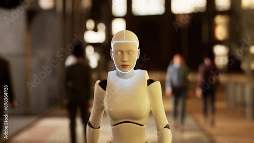 female robot walking along a street in a big city. humanoid AI robot crossing street. 3d animation. future automation job.