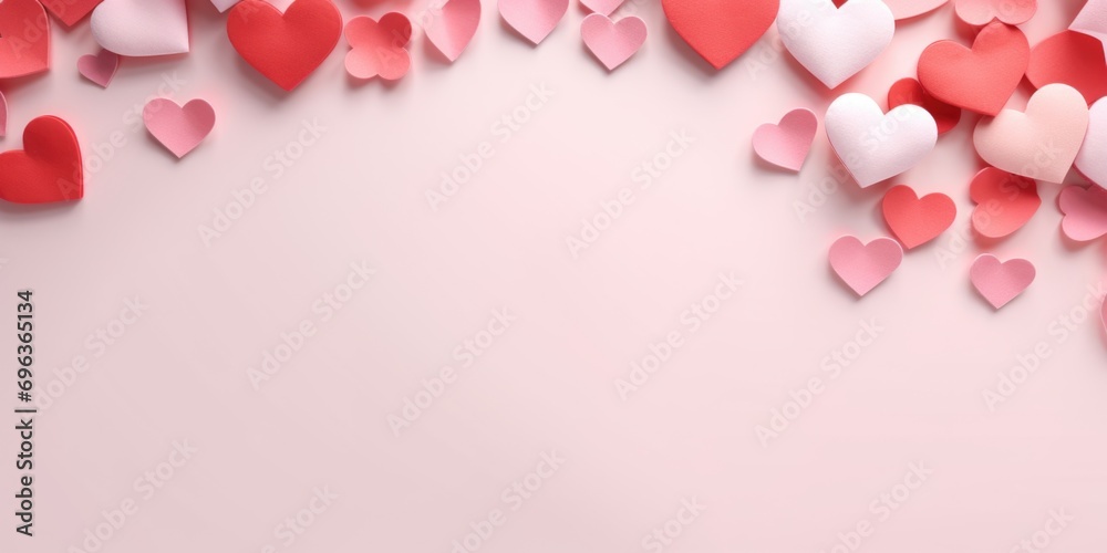 A bunch of paper hearts on a pink background. Valentines day background with copy-space.