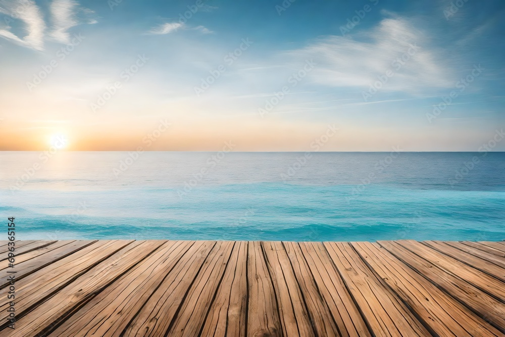 Wooden Surface with Sea, Island, and Sky
