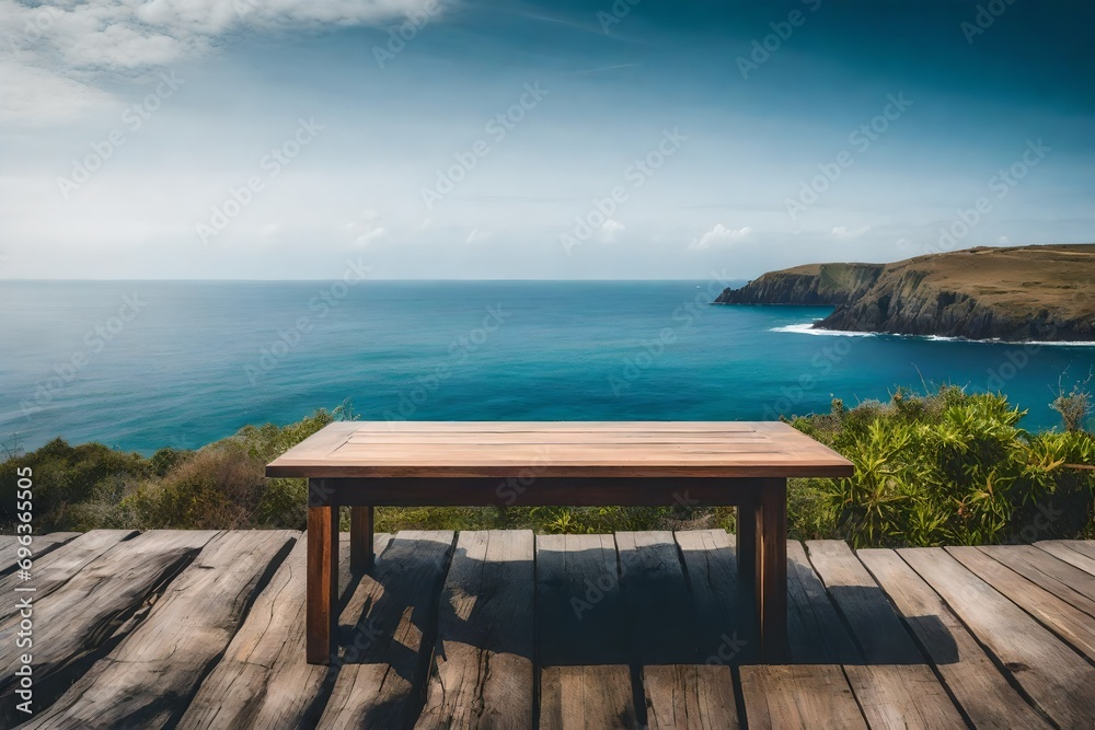 Wooden Table with a Breathtaking Island and Sky View