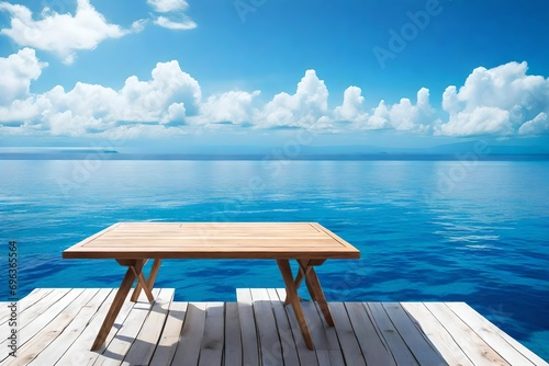 Wooden Table overlooking the Island and Clear Blue Sky