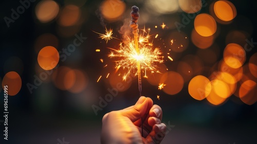 hand holding one burning sparklerwith colorful bokeh background