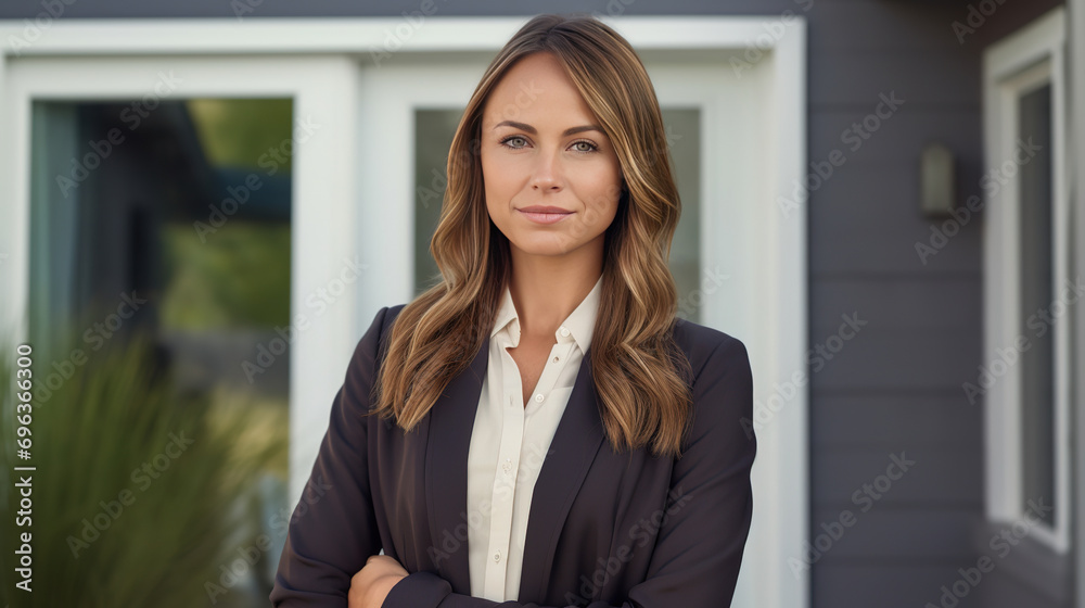 Confident American female real estate agent stands proudly outside a modern home, radiating expertise and approachability, ready to assist potential buyers. Confident American female real estate agent stands proudly outside a modern home, radiating expertise and approachability, ready to assist potential buyers.