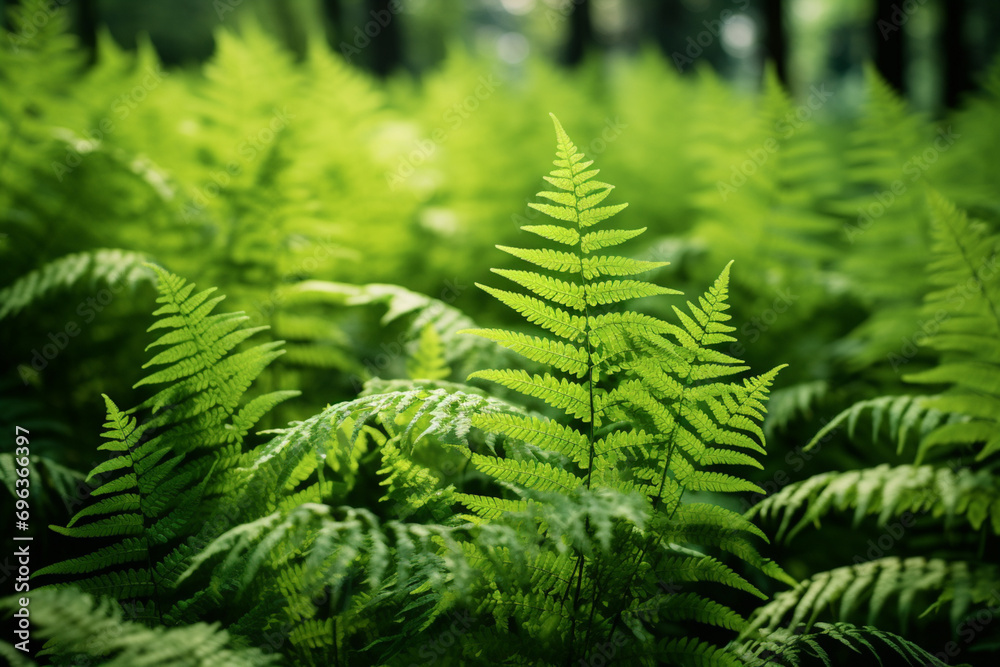 Close up of densely growing green fern plant in wild forest Close up of densely growing green fern plant in wild forest