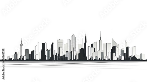 A minimalist design of a city skyline drawn with thin, black lines on a white background. generative AI