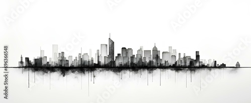 A minimalist design of a city skyline drawn with thin, black lines on a white background. generative AI