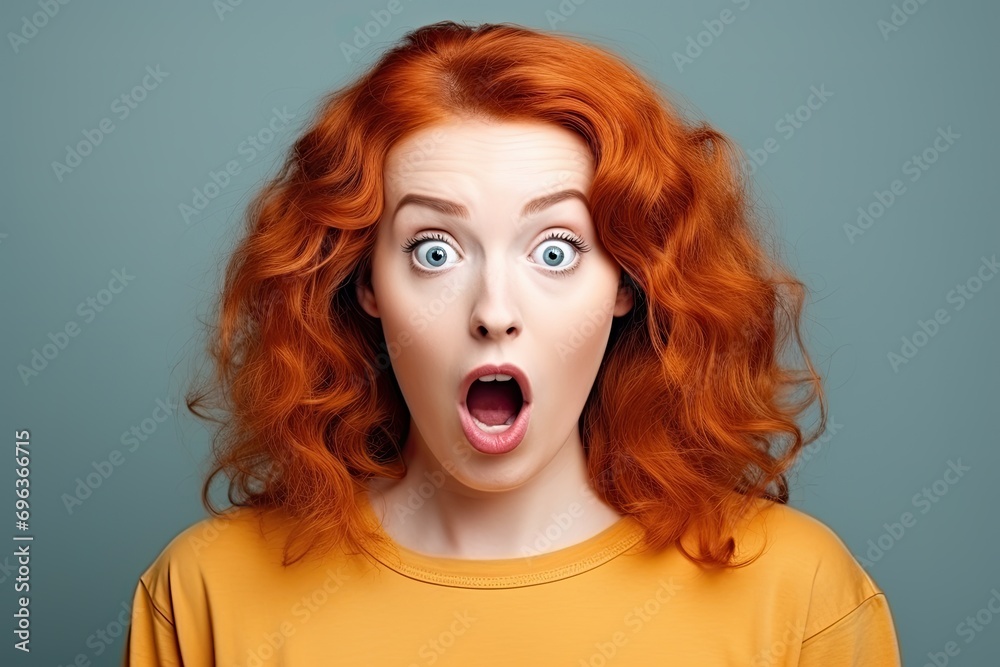 portrait of a woman with red hair with a shocked expression on her face on a studio background