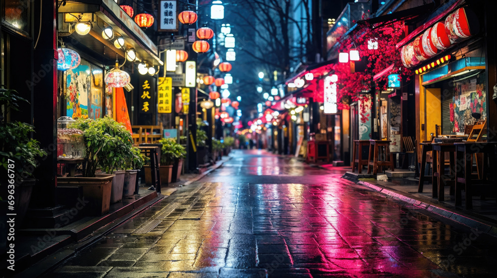 China town street at night. Illuminated stores and chinese lanterns decoration - obrazy, fototapety, plakaty 