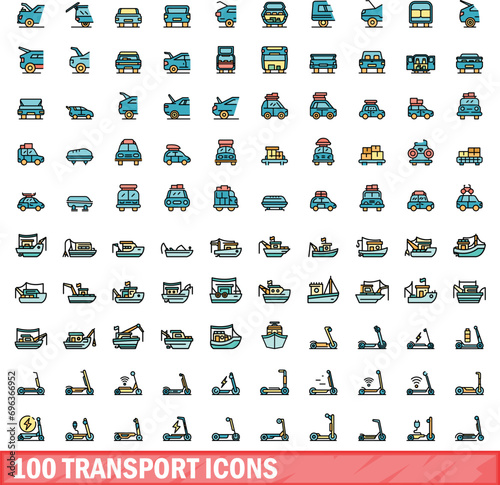 100 transport icons set. Color line set of transport vector icons thin line color flat on white