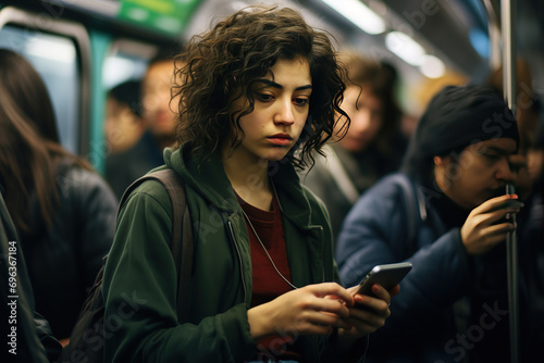 a woman using her smartphone during her subway commute, engrossed in work and connectivity,