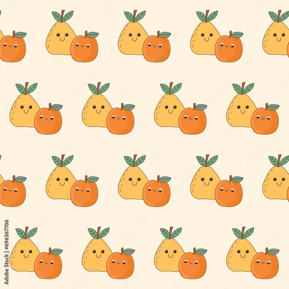 Obraz premium Seamless Cute Kawaii Fruit Character Textile Fabric Pattern Background. Doodle Fruit Symbol Wrapping Paper Swatch Print Template