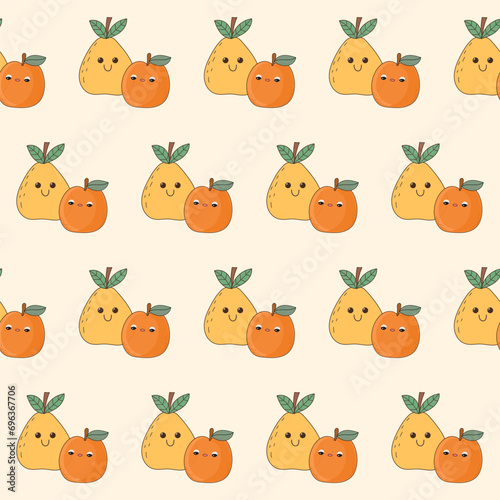 Seamless Cute Kawaii Fruit Character Textile Fabric Pattern Background. Doodle Fruit Symbol Wrapping Paper Swatch Print Template