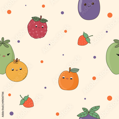 Fototapeta Naklejka Na Ścianę i Meble -  Seamless Cute Kawaii Fruit Character Textile Fabric Pattern Background. Doodle Fruit Symbol Wrapping Paper Swatch Print Template