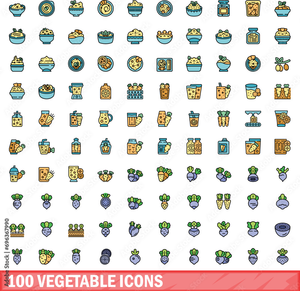 100 vegetable icons set. Color line set of vegetable vector icons thin line color flat on white 100 vegetable icons set. Color line set of vegetable vector icons thin line color flat on white