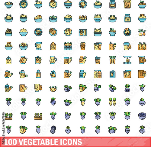 100 vegetable icons set. Color line set of vegetable vector icons thin line color flat on white
