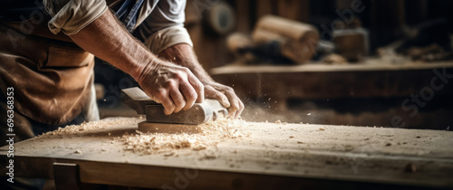 A craftsman planing wood with a planer against the background of flying sawdust and wood dust, close-up of hands. Carpentry. Building a house. Furniture made of wood. DIY. Ultra wide banner.Copy Space photo