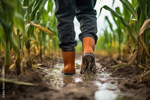 Farmer in waterproof boots in a maize field