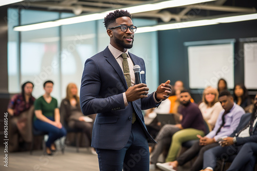 An engaging African American man delivers a dynamic corporate presentation. Captivating his audience, he shares insights within a professional boardroom setting