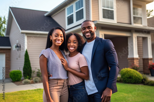 African American family in front of newly purchased home, ownership, smiling proudly, real estate accomplishment