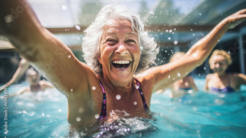 Active senior women enjoying aqua fit class in a pool, displaying joy and camaraderie, embodying a healthy, retired lifestyle photo