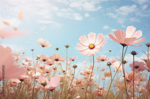 pink flowers in field with blue sky