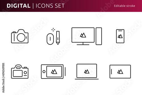 Digital tool icons designed in line art style can be used for web and print, editable stroke