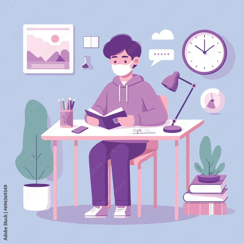 Illustration of person reading book in the room. purple background. educational concept
