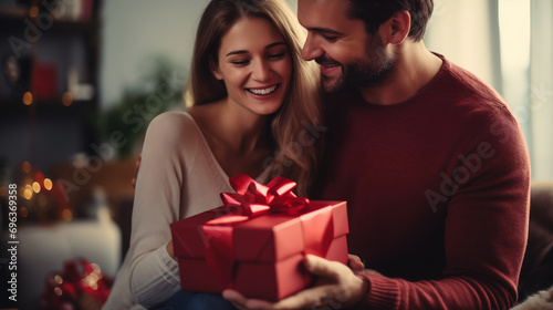 Saint Valentine's Day celebration, gift giving and romantic couple concept. Portrait of happy smiling young man and woman hugging and holding red present box, generative ai photo
