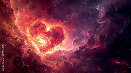 Pink, red galaxy in glowing heart shape. Cosmic love expanding in soul and cosmos. Emotion, spirituality, connection.