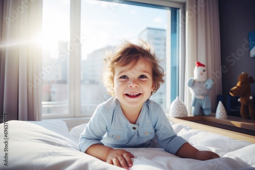 Happy little child on the bed in the interior of a modern apartment