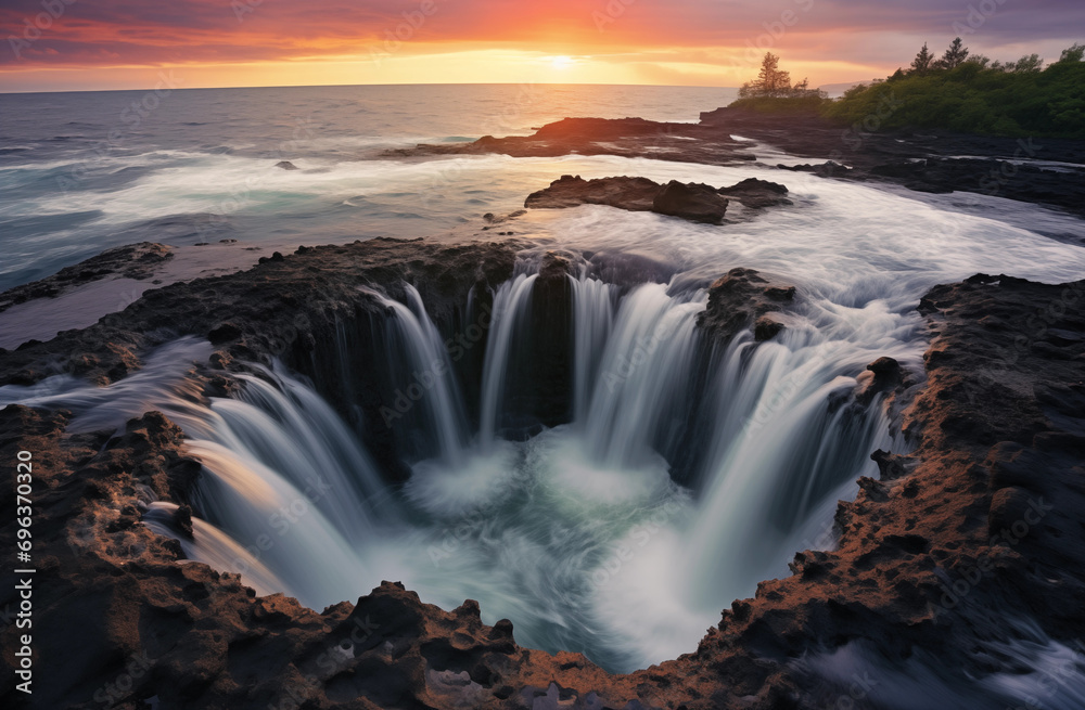 Sunset Swirl: Ocean’s Embrace at the Volcanic Shore