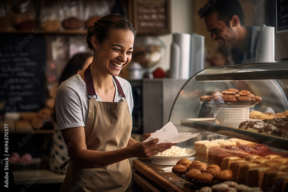A smiling female baker, who's also the shop owner, offering exemplary customer service as she hands a customer their order in her retail store