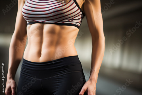 A close-up of the lady's defined abdominal muscles.fitness workout presenter, Healthy body with a Six-pack.