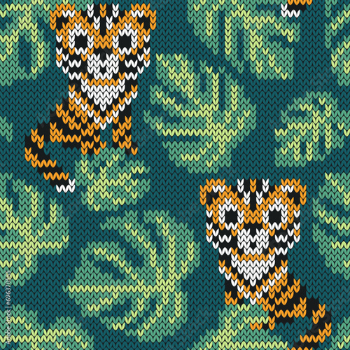 Jungle tigers jacquard knitted seamless pattern. Colorful background with cute cartoon animals. Vector illustration for knitwear design.