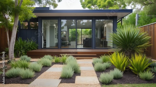 Home façade with sliding gl...