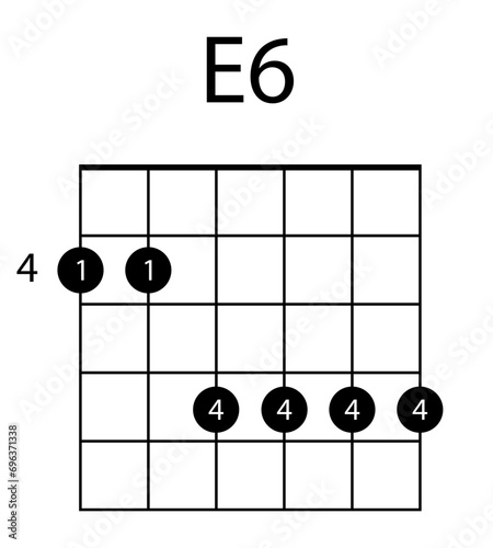 Guitar chord E6 illustration. Guitar, notes, music, string, song, treble clef, consonance, notation, melody, school, musician, barre. Vector icons for business and advertising