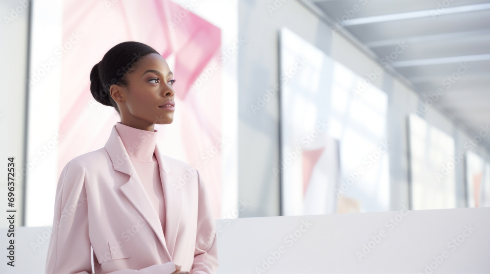 Portrait of young african american businesswoman looking at paintings in an art gallery Portrait of young african american businesswoman looking at paintings in an art gallery
