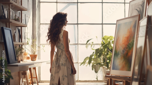 Back view of a young woman with long curly hair standing in front of an easel and painting on canvas.