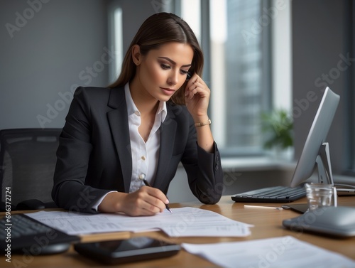 Young busy business woman manager lawyer or company employee holding accounting