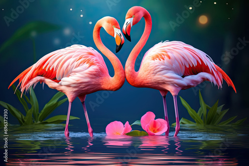 Two flamingos in love on a dark background. photo