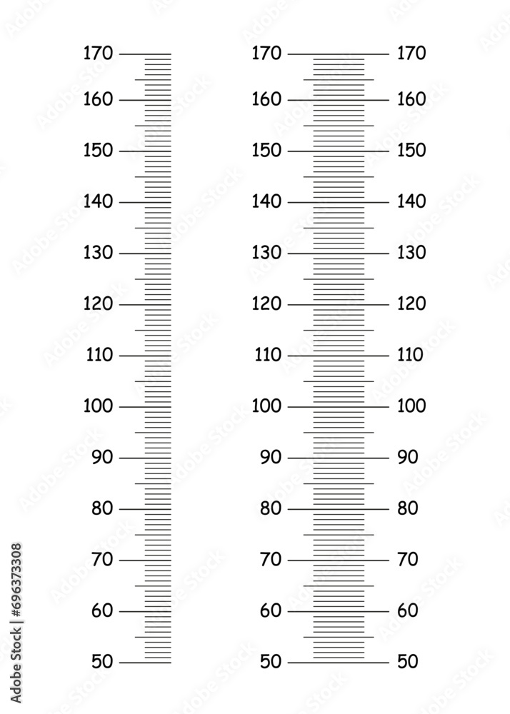 Height chart from 50 to 170 centimeters. Set of templates for wall growth sticker. Vector illustration. Meter wall or growth ruler. Height chart from 50 to 170 centimeters. Set of templates for wall growth sticker. Vector illustration. Meter wall or growth ruler.
