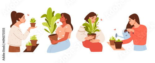 Women admire, water and hug the potted plants. Home gardening and growing houseplants. Organic gardening. Eco-friendly concept. Vector illustration.