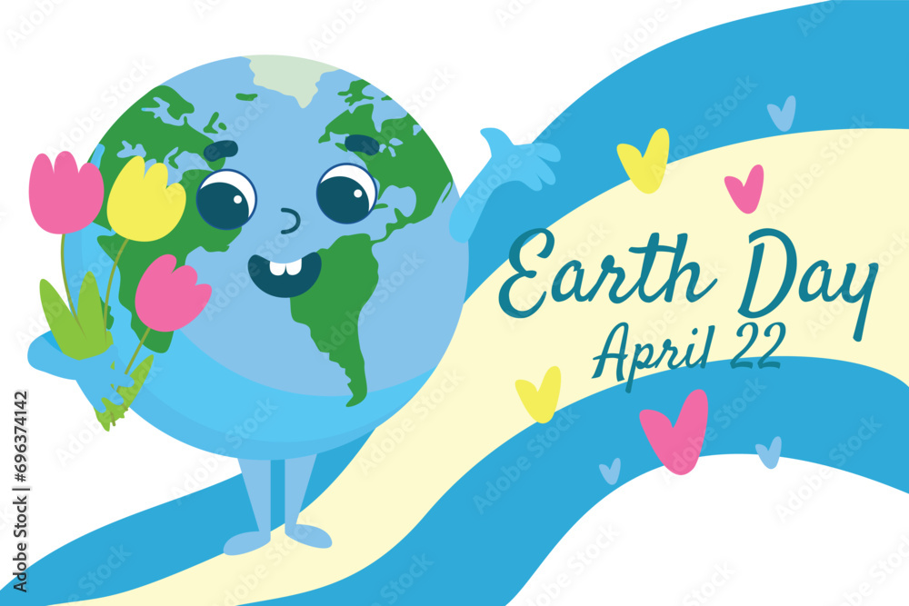 Naklejka premium Earth Day greeting card. Planet Earth with a cheerful face smiles joyfully and holds tulips in her hands. Illustration cartoon style isolated on white background.