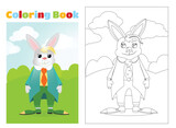Coloring page. An Easter Bunny dressed in a jacket and trousers stands right on the field and in front of him are eggs in the grass. Green meadow and blue sky.