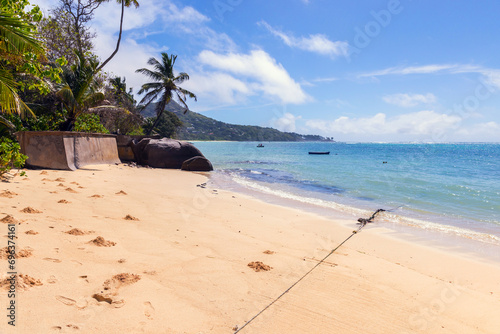 Anse Royale beach view on a sunny day, Seychelles. Coastal landscape