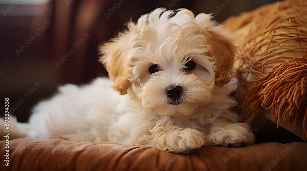 A Maltipoo dog, a crossbreed of Maltese and Poodle, is observed seated on the sofa amidst pillows within a comfortable home interior. generative AI A Maltipoo dog, a crossbreed of Maltese and Poodle, is observed seated on the sofa amidst pillows within a comfortable home interior. generative AI