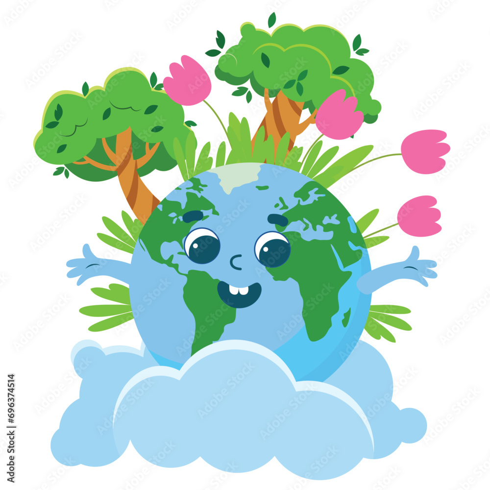 Fototapeta premium Earth Day greeting card. Planet Earth with a cheerful face is smiling joyfully. Next to her are tulips, trees and clouds.
