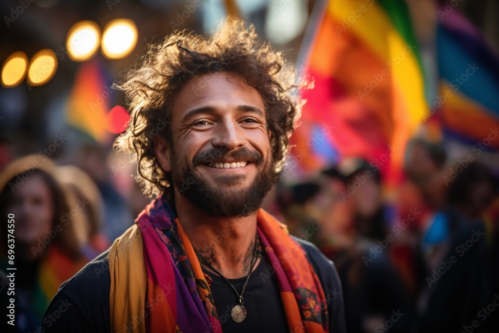 portrait of a man at a gay pride parade, happy and joyful emotions with friends, LGBT concept